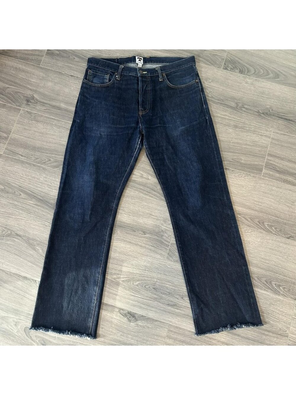 Tellason Jeans Mens 35x32 Blue Dark Wash Regular Straight Raw Hem USA Selvedge